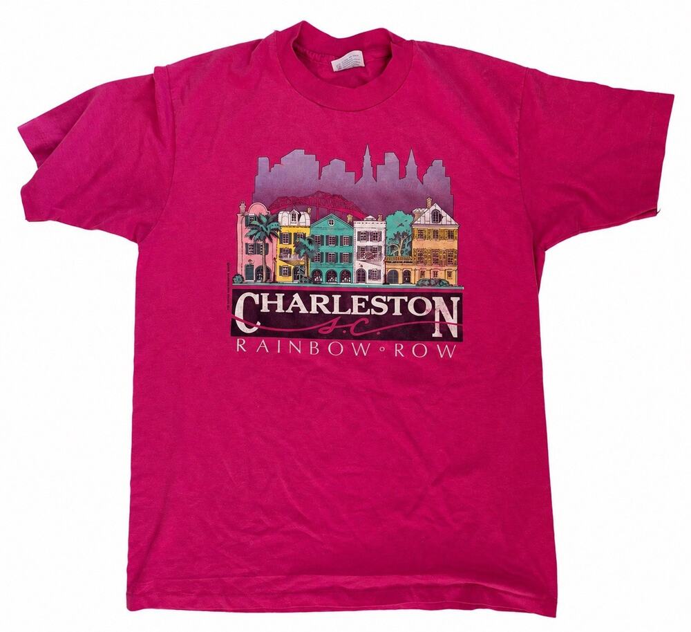 Vintage 1988 Charleston SC Rainbow Row T-Shirt Hanes 50/50 Pink Made USA L 42-44